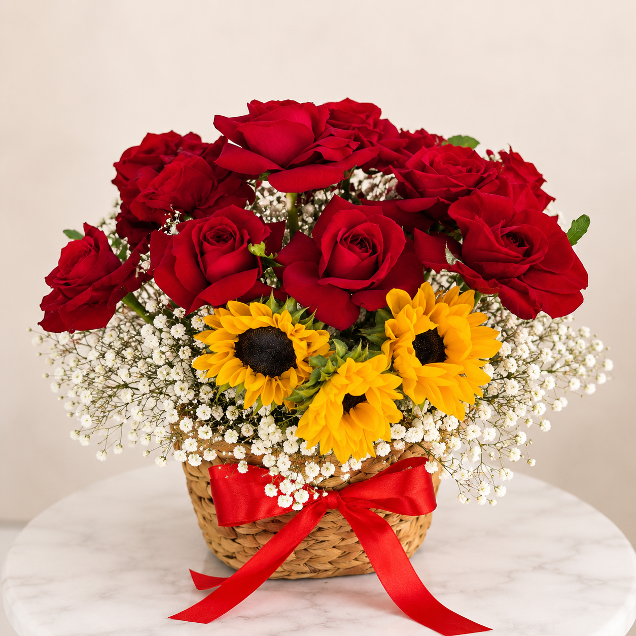 Sunset Romance Basket with red roses and sunflowers