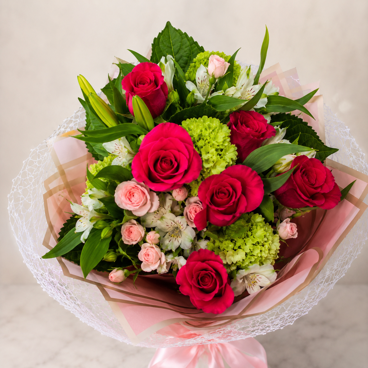 Blush & Berry Bouquet with pink roses and green hydrangea