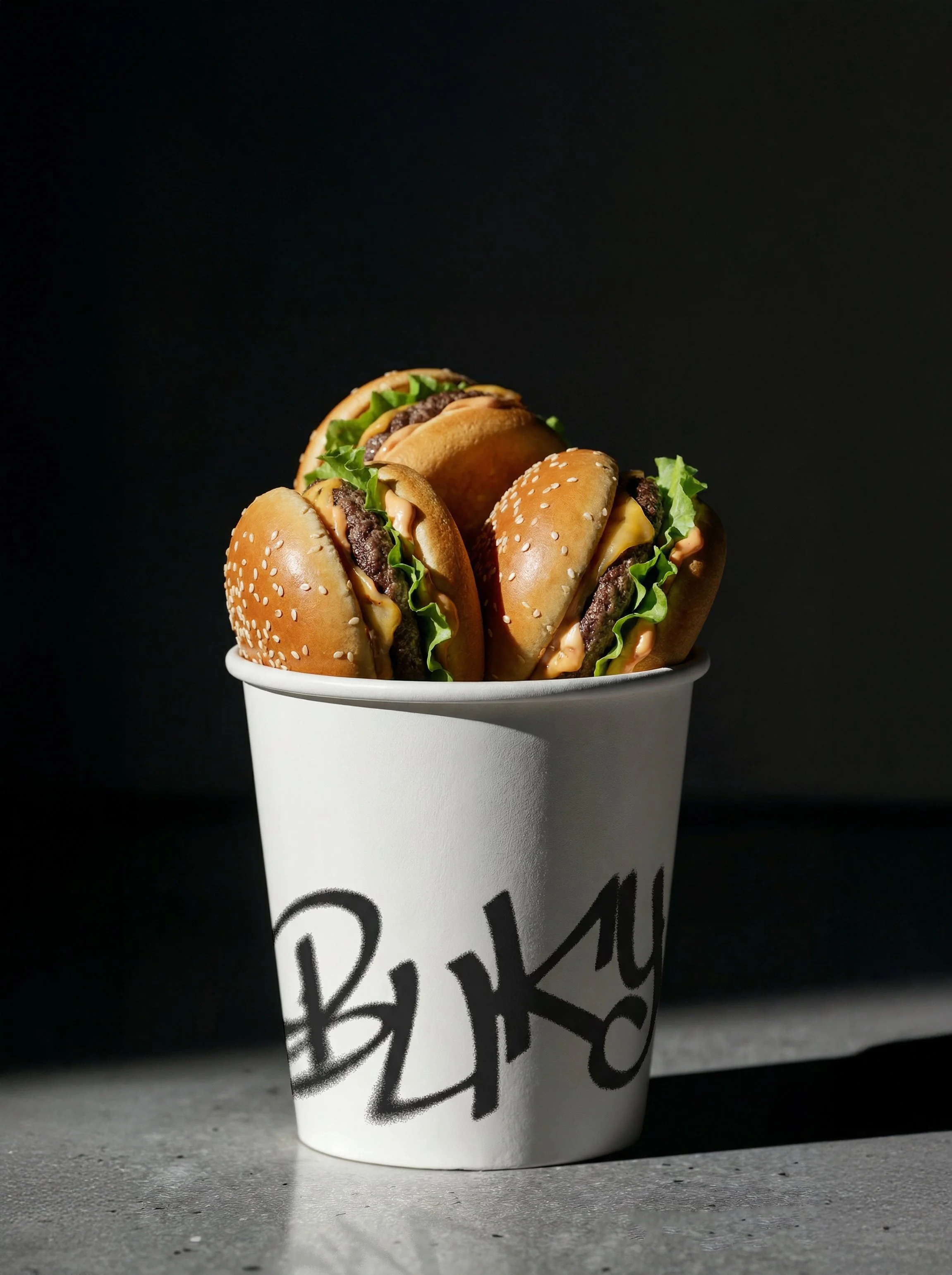 A paper cup with black handwritten text partially visible, containing three cheeseburgers stacked inside on a gray surface with a plain, dark background.