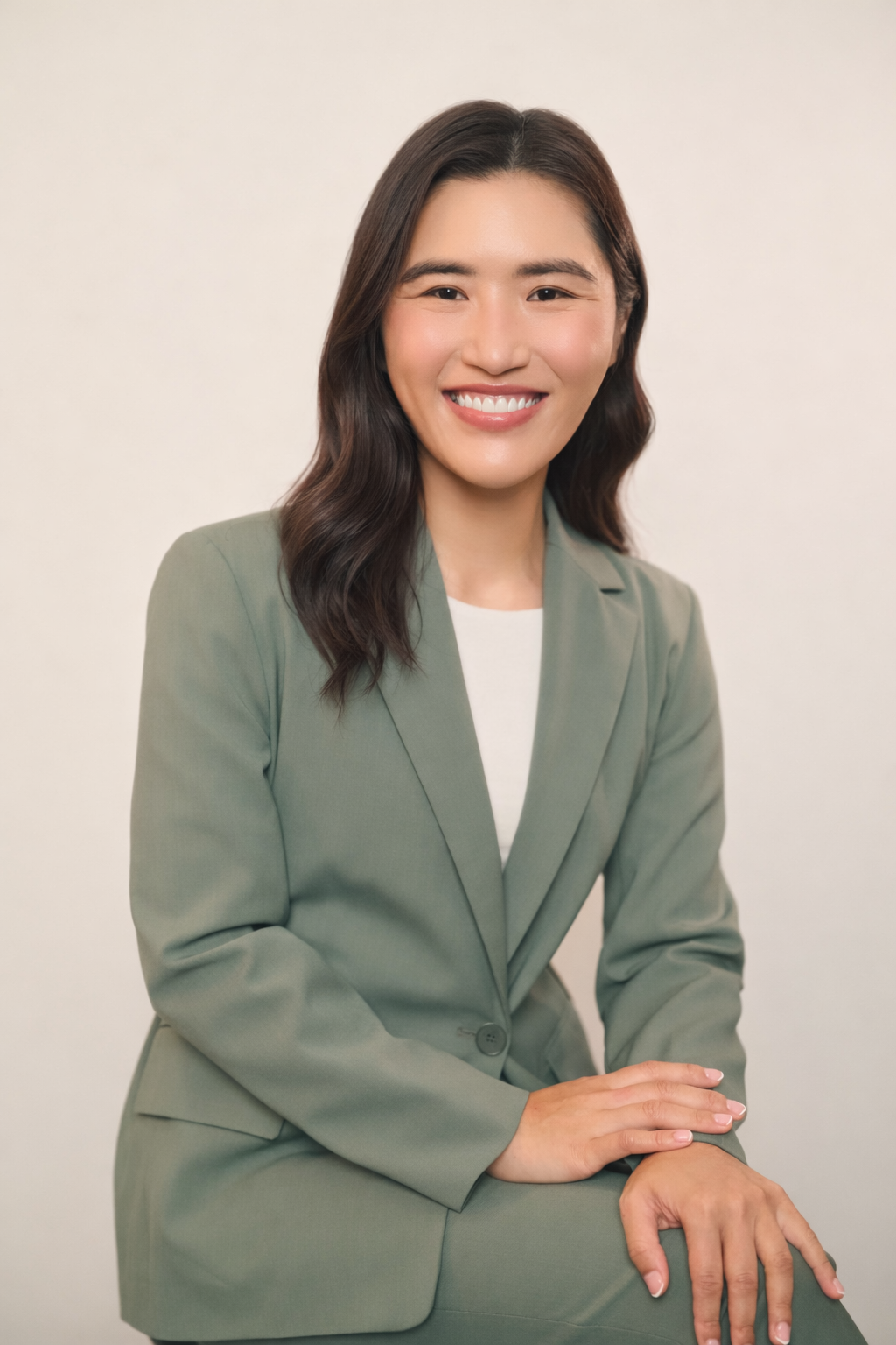A woman with shoulder-length dark wavy hair, wearing a light green blazer over a white top, smiling while sitting against a plain light background.