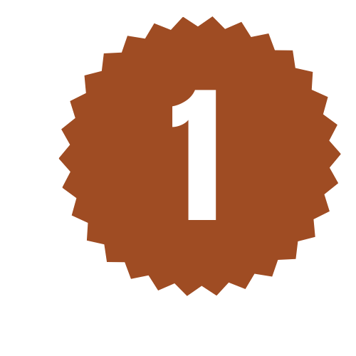 A brown, scalloped badge with a white number one in the center.