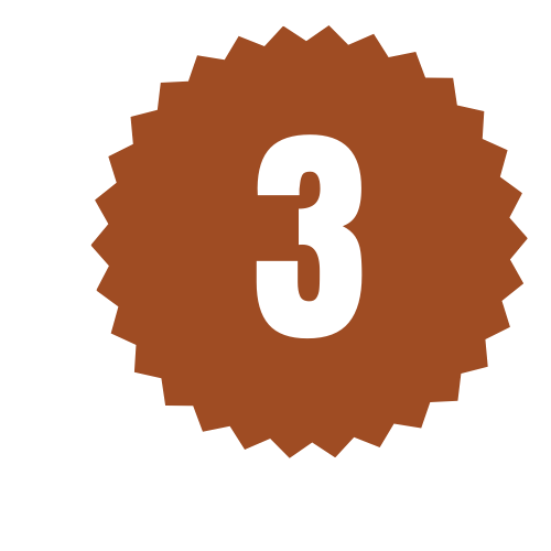 Brown badge with white number 3 in the center.
