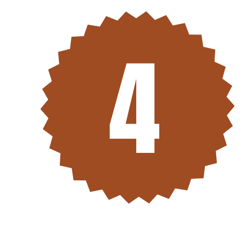 A brown badge with a scalloped edge and the number 4 in white in the center.