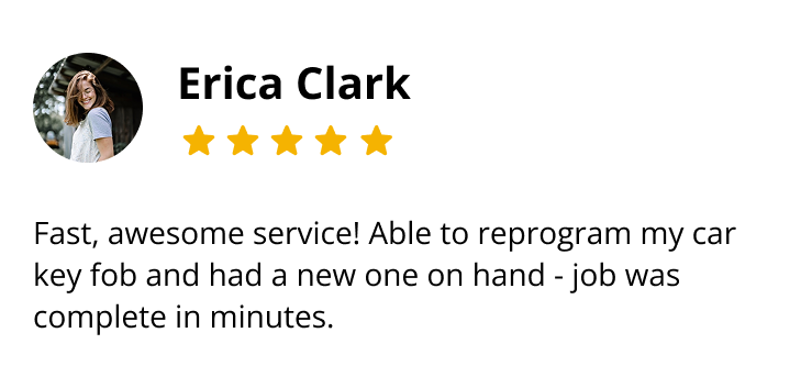 Customer review by Erica Clark with five-star rating about car key fob reprogramming service.