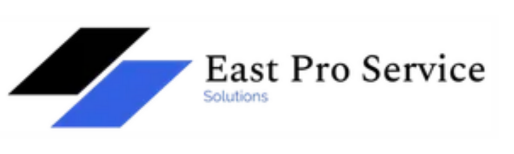 Logo for East Pro Service Solutions with black and blue geometric shapes and black and blue text.