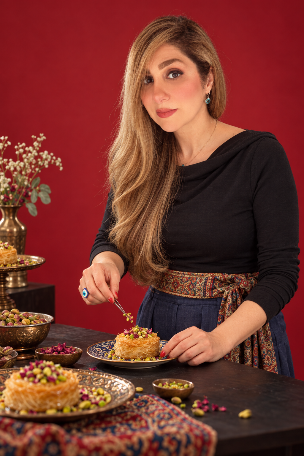 08 · Maker’s Table
A fitted black top, indigo trousers, and patterned sash against red seamless. Leaning into the work while placing a final garnish emphasizes precision, care, and the artistry behind the food. AI-generated shoot concept.
