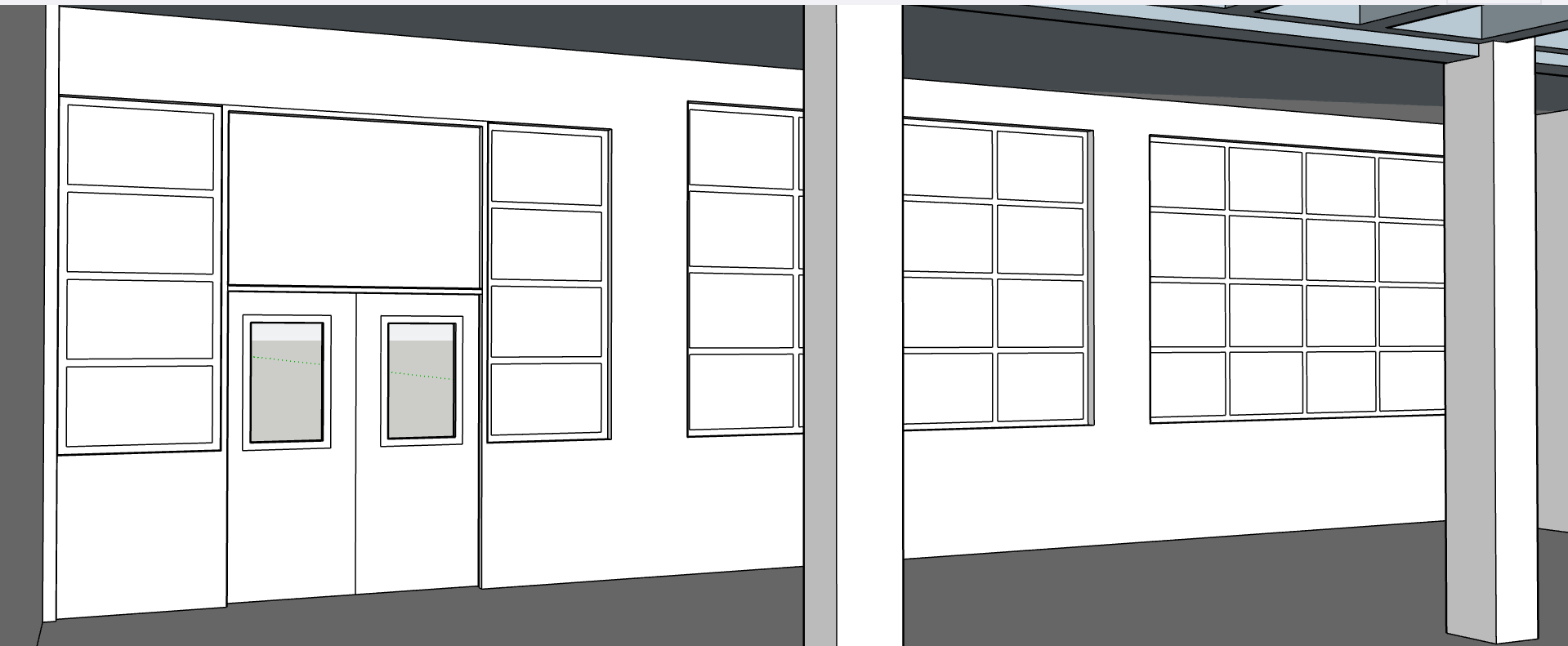 A digital drawing of a modern interior with large windows and double doors, showing a corridor or room with a minimalist, industrial style.