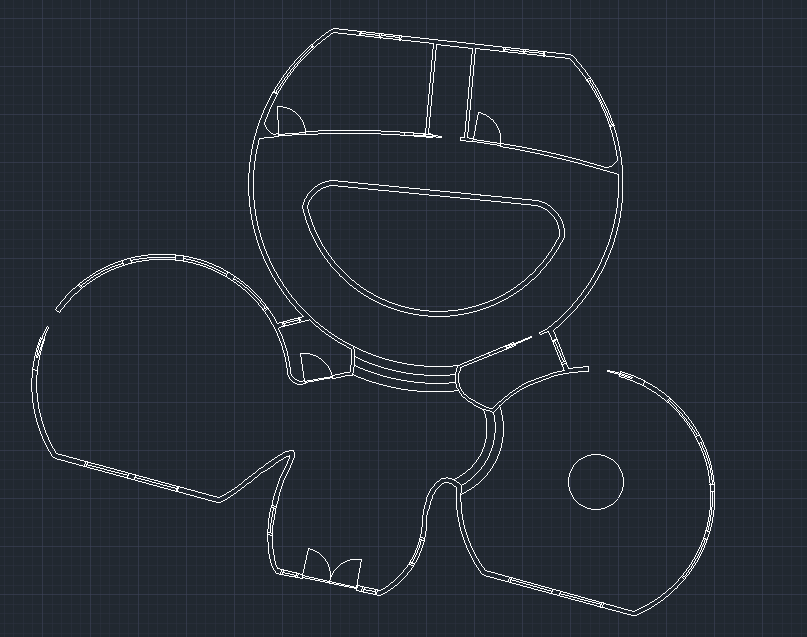 A digital wireframe drawing of a cartoonish, smiling face with two round eyes, a wide smile, and what appears to be a bow or accessory at the bottom.