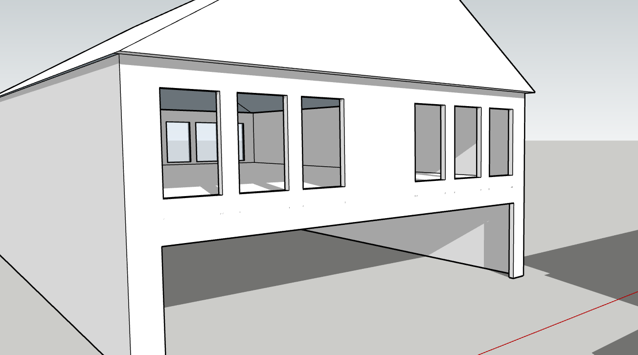 Draft 3D rendering of a two-story house with a large open garage on the first floor and windows on the second floor.
