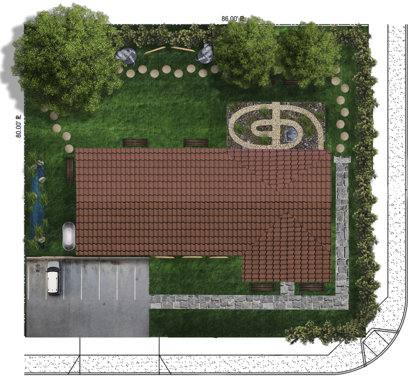 A top-down view of a residential backyard with a large house featuring a red-tiled roof. The yard includes a parking area with a white vehicle, a pond with a small waterfall, a landscaped area with a circular patterned ground, several benches, a stone pathway, and various trees and shrubbery around the perimeter.