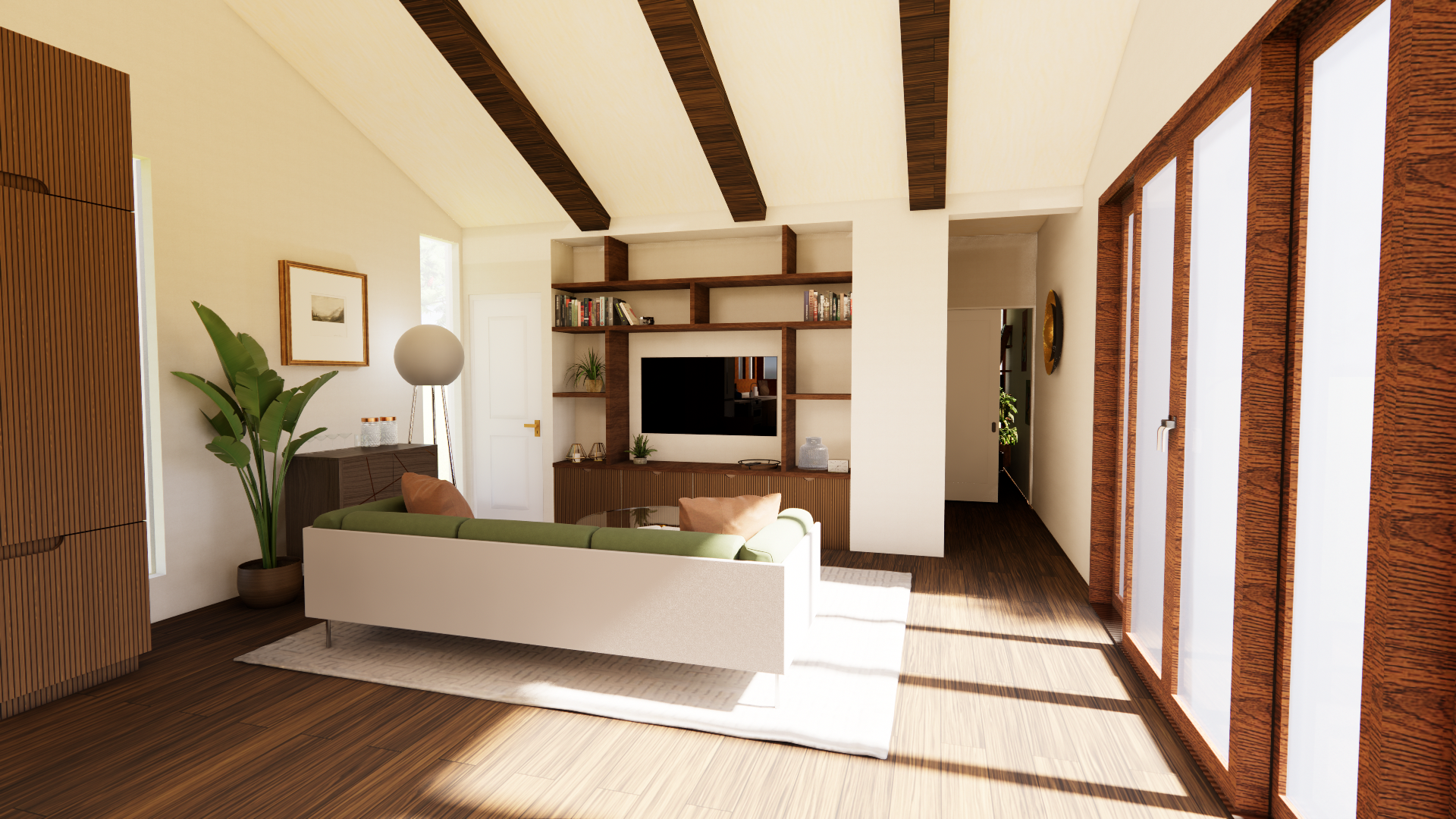 Living room with white walls, wooden ceiling beams, green sofa with pink pillows, large potted plant, wall art, wooden floor, built-in wooden bookshelf with a TV, windows, and sliding glass doors.