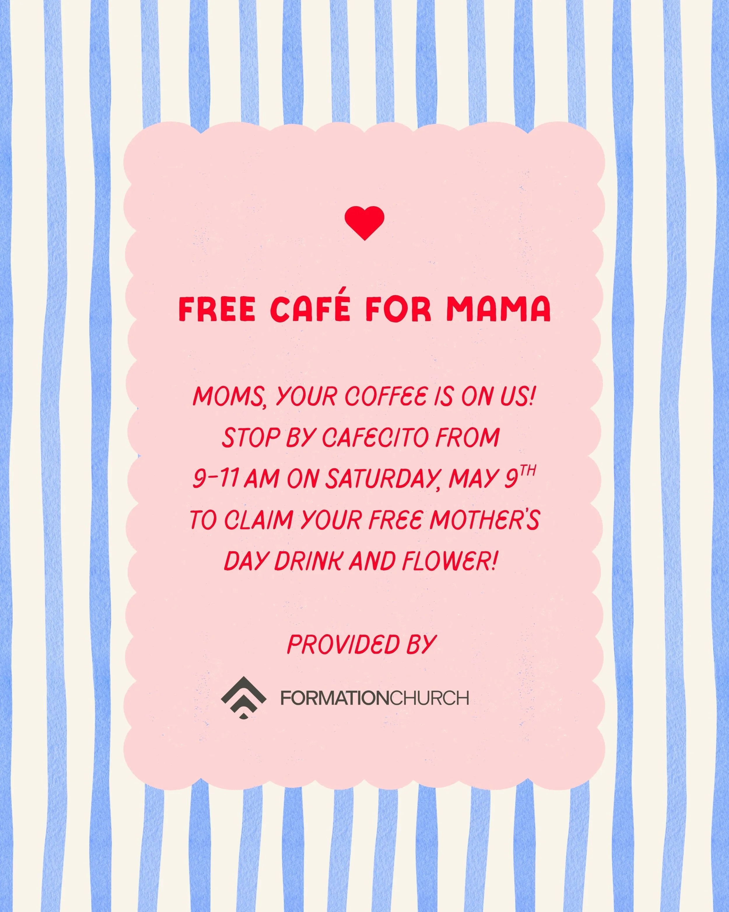 Moms, we want to bless you with a FREE drink on us! 🌸 

 📍Caf&eacute;cito in Montbello this Saturday from 9-11 AM
☕️ Free Mother&rsquo;s Day drink and flower

We are a new church for far Northeast Denver and we want to celebrate the moms who make o
