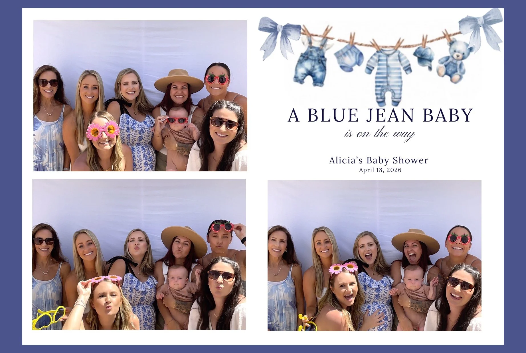 A group of women and children at a baby shower, dressed in summer clothes, with some wearing fun accessories like sunglasses and hats. They are posing with a white backdrop decorated with a blue-themed baby announcement banner that reads, "A Blue Jean Baby is on the way" and shows baby clothes and teddy bears hanging on a string. The event is for Alicia's baby shower, scheduled for April 18, 2026.
