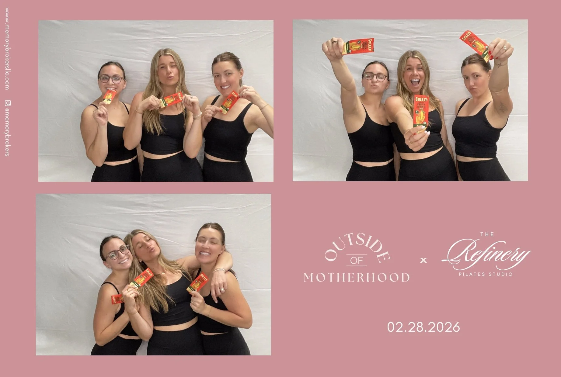 Three women posing with a package of Solely fruit jerky in front of a white backdrop. They are wearing black outfits and making different facial expressions in three separate photos. The text on the image includes past event names and dates, indicati