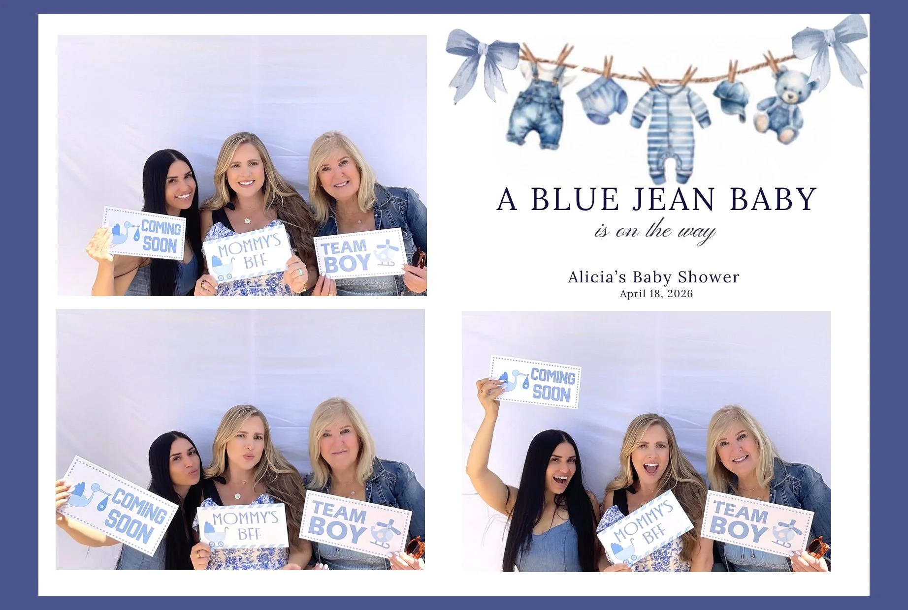 Invitation for a baby shower with a blue theme. The right side has text that says "A Blue Jean Baby is on the way" and details for Alicia's baby shower on April 18, 2026. The left side shows three women smiling, holding signs that say "Coming Soon," 
