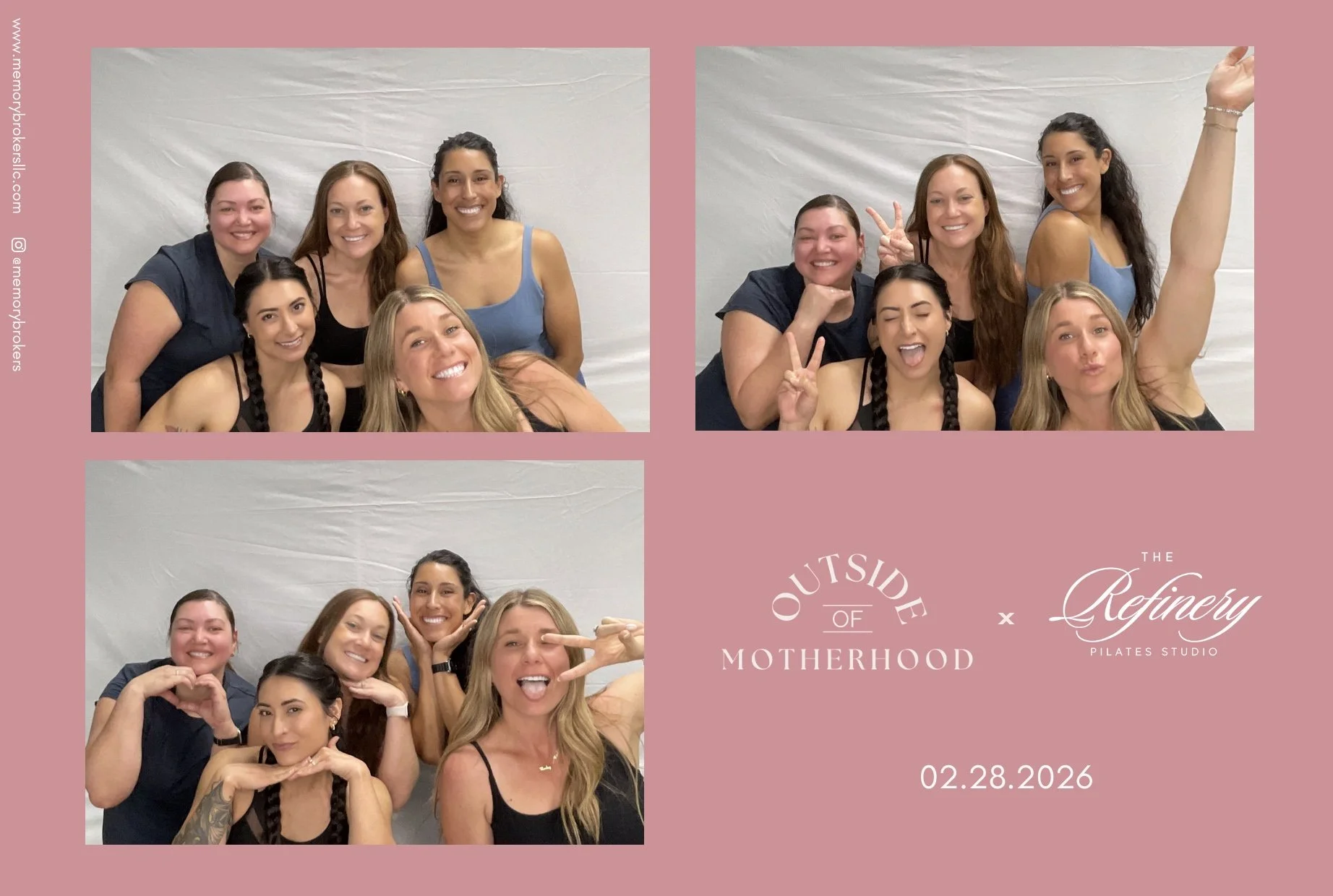 Group of women posing for photos at an event, standing in front of a white backdrop with pink borders, with text indicating the event is related to motherhood, pilates, and a specific date of February 28, 2026.