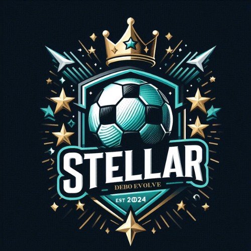 A graphic design featuring a soccer ball with a crown on top, surrounded by stars and decorative elements, with the text 'STELLAR DEBO EVOLVE EST 2024'.