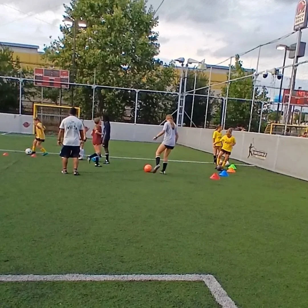 Girls participating in a soccer practice on an outdoor field with multiple soccer balls, cones, and a person instructing.