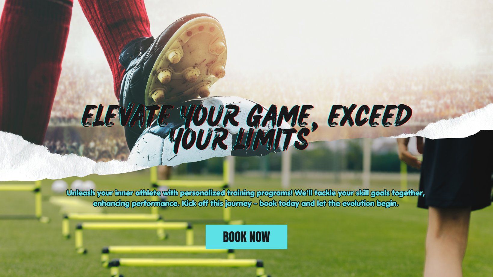 Close-up of a soccer player’s foot in a cleat about to kick a soccer ball, with an outdoor training field and hurdles in the background.