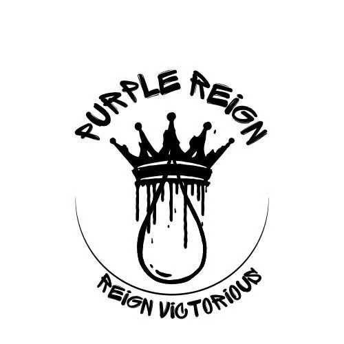 A black and white logo with a crown dripping into a lightbulb, with the words "Purple Reign" above and "Reign Victorious" below.