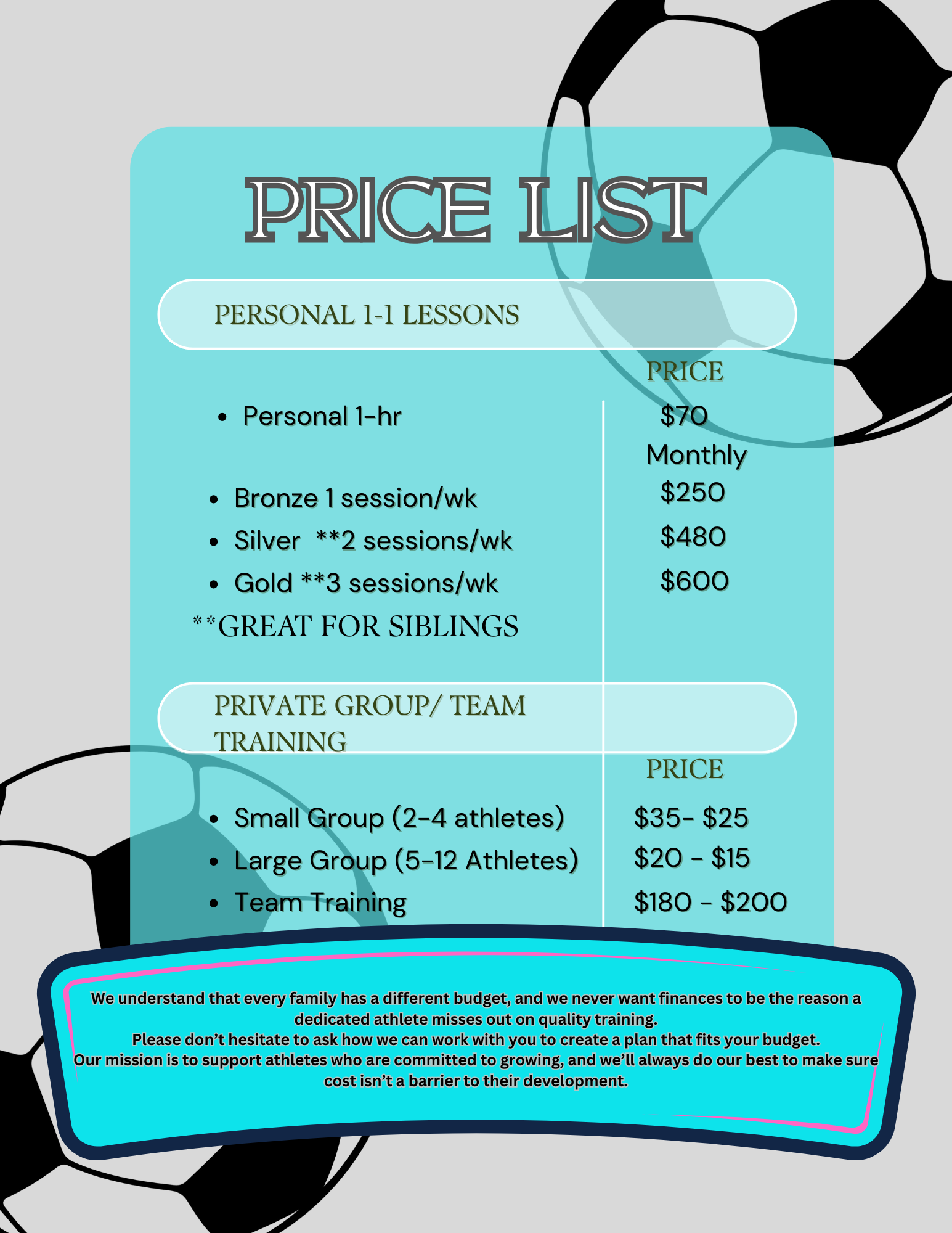Price list for personal and team training with options for individual lessons and group training, including prices and descriptions.