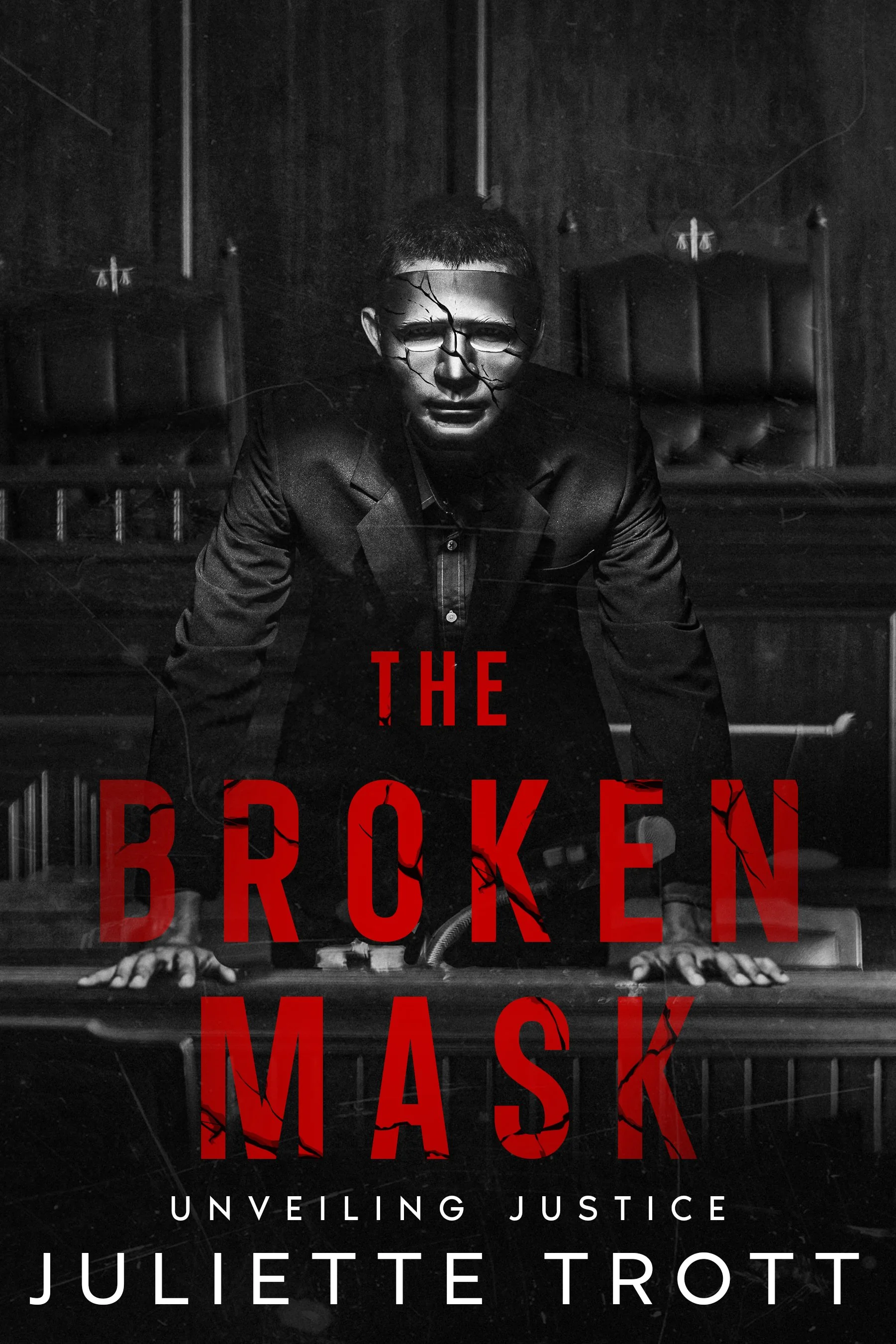 A person in a black suit wearing a cracked mask, leaning over a desk in a dark courtroom setting, with red text that says 'The Broken Mask'.