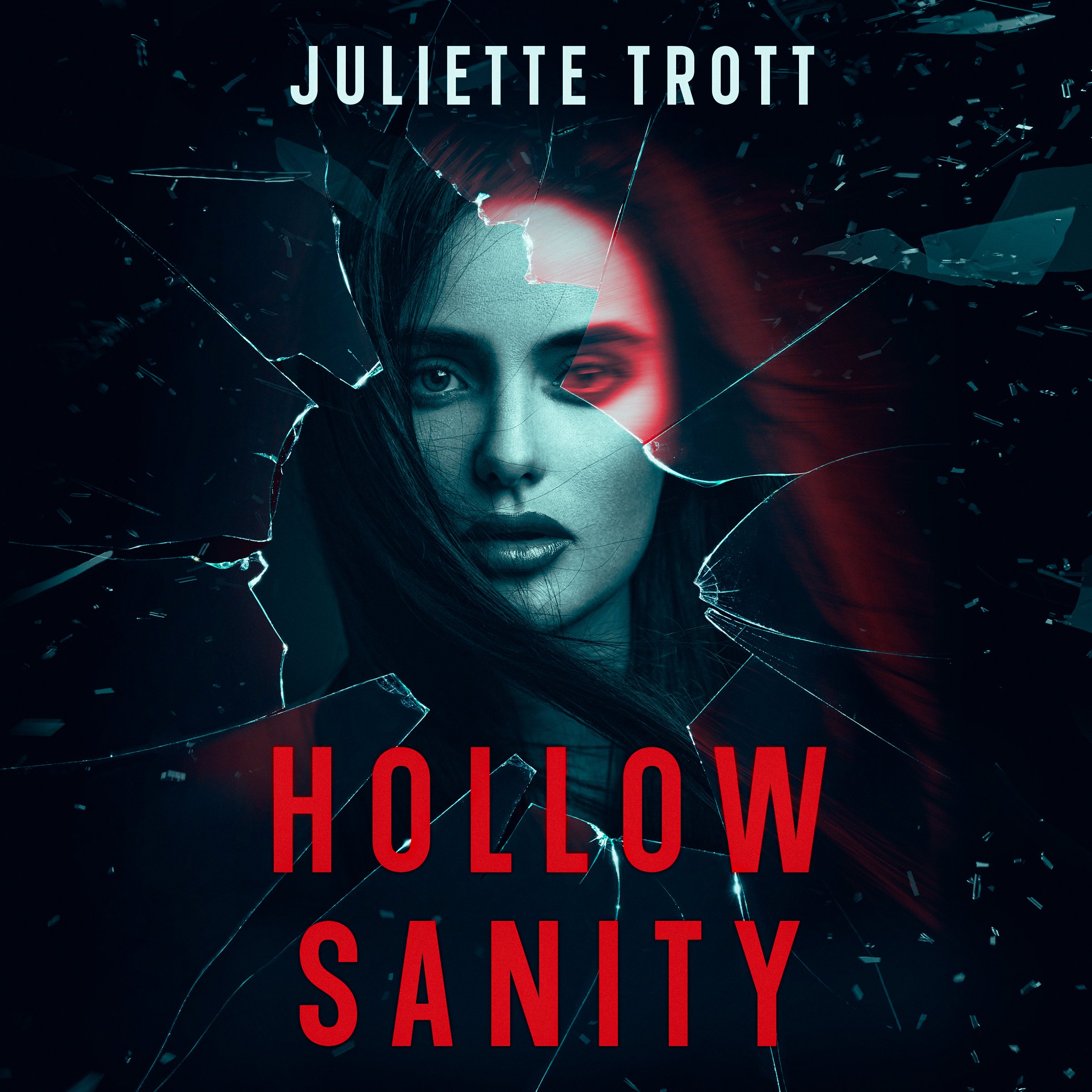 Book cover with a woman's face seen through a shattered glass effect, titled 'Hollow Sanity' by Juliette Trott, with the title in red and the author's name in white at the top.