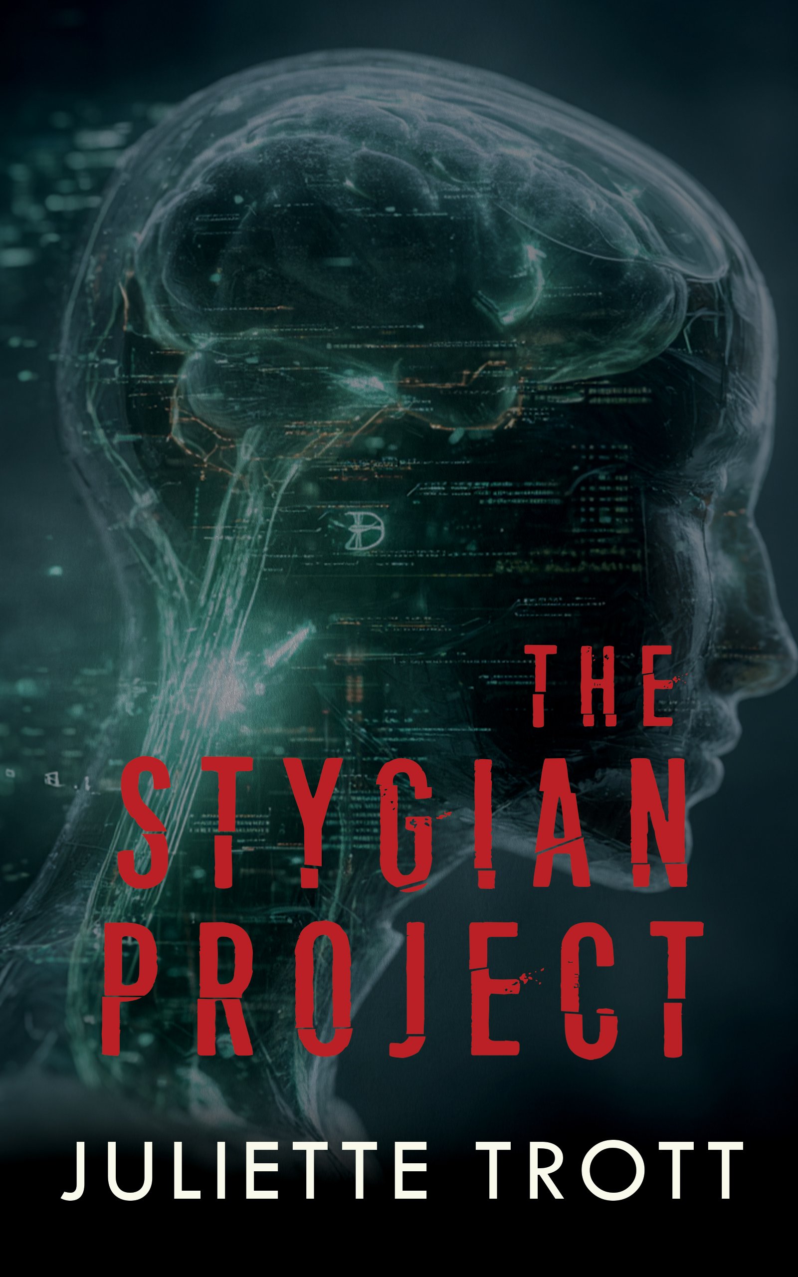 Futuristic digital illustration of a human head with a transparent skull, highlighting the brain and neural connections with glowing lines and data streams. The book title "The Styigan Project" in bold red text and the author's name "Juliette Trott" in white text at the bottom.