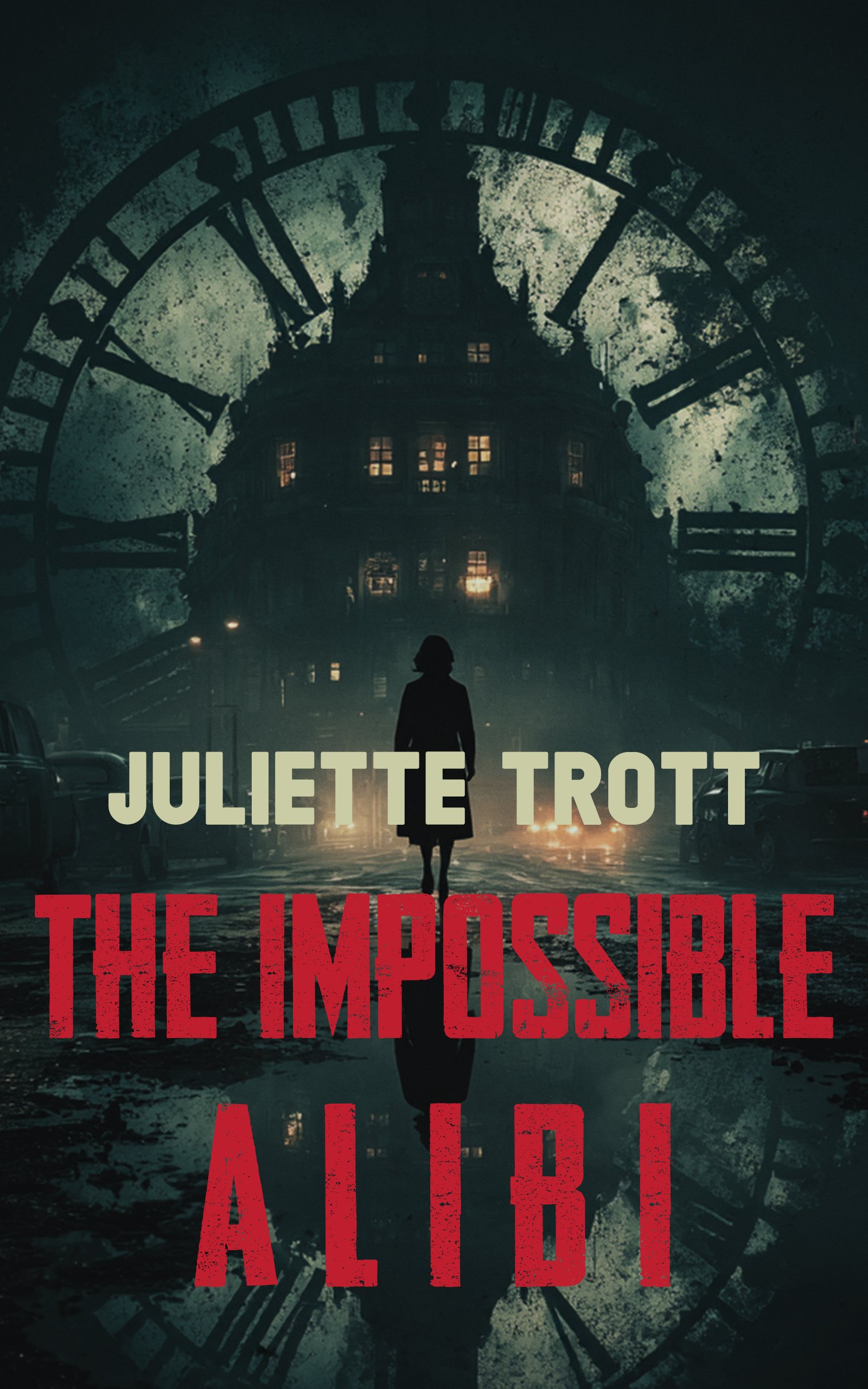 A dark, eerie city street with a large clock overlay, a silhouette of a woman walking and a haunted house in the background. Text on image reads 'Juliette Trott', 'The Impossible Aibi'.