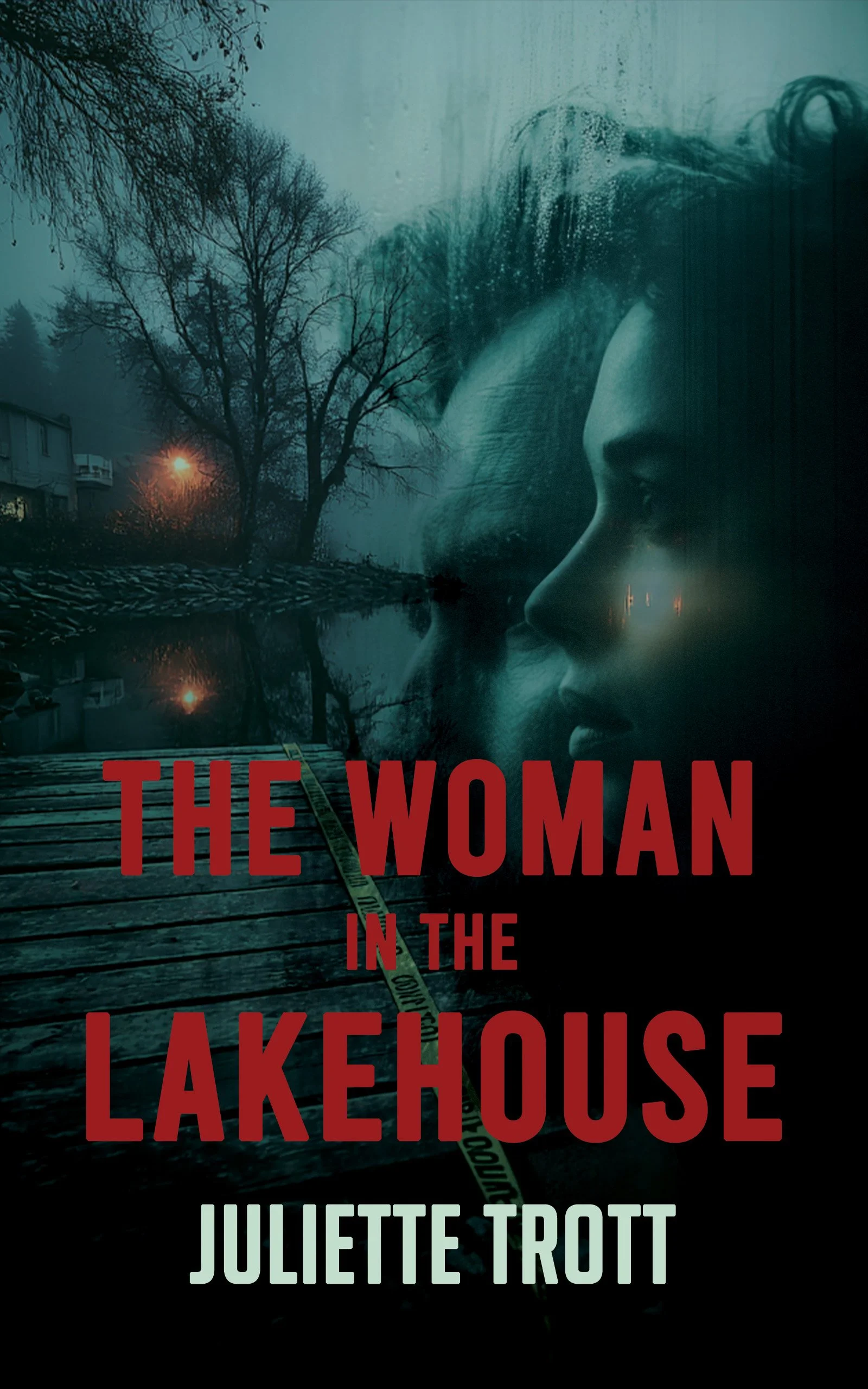 Book cover for 'The Woman in the Lakehouse' by Juliette Trott, featuring a silhouette of a woman's face, a lake with trees, and a dock with caution tape.