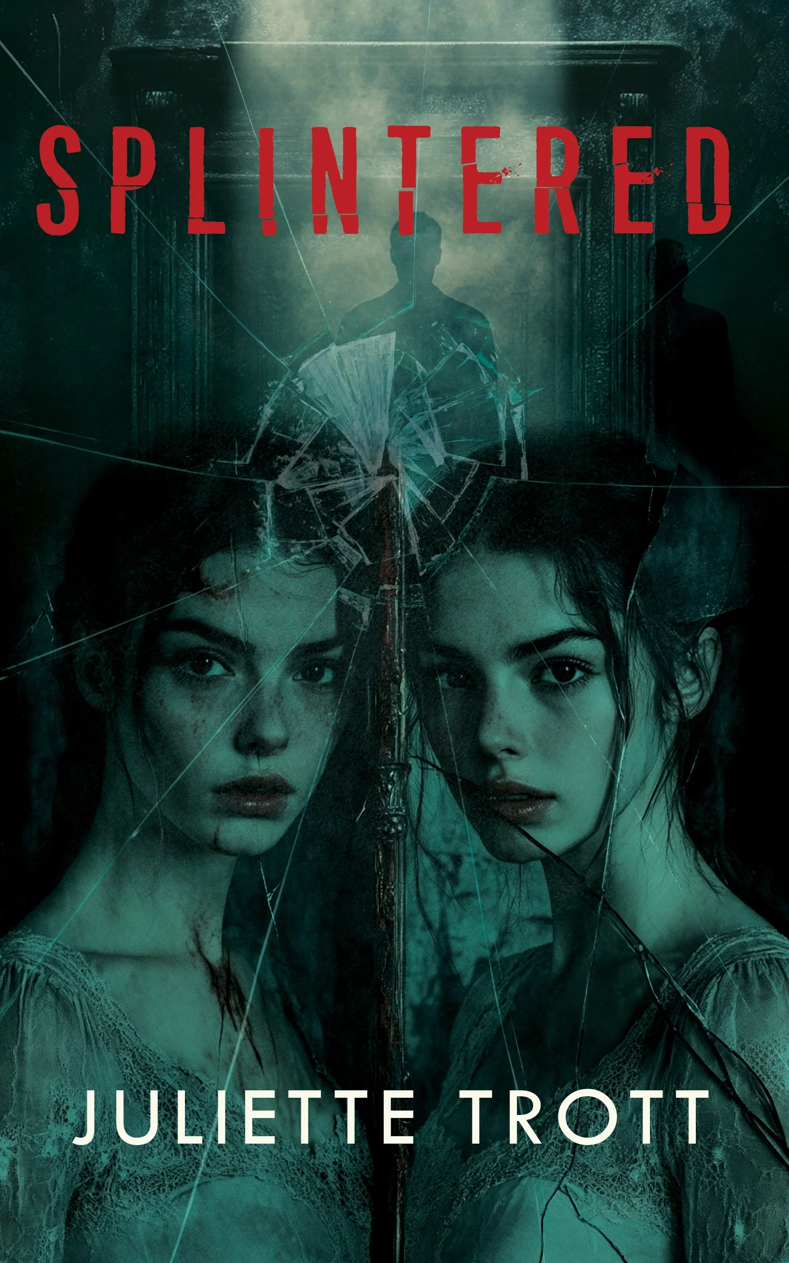 Book cover of 'Splintered' by Juliette Trott featuring two young women with intense expressions, a shattered mirror reflecting their faces, and a dark, moody background.