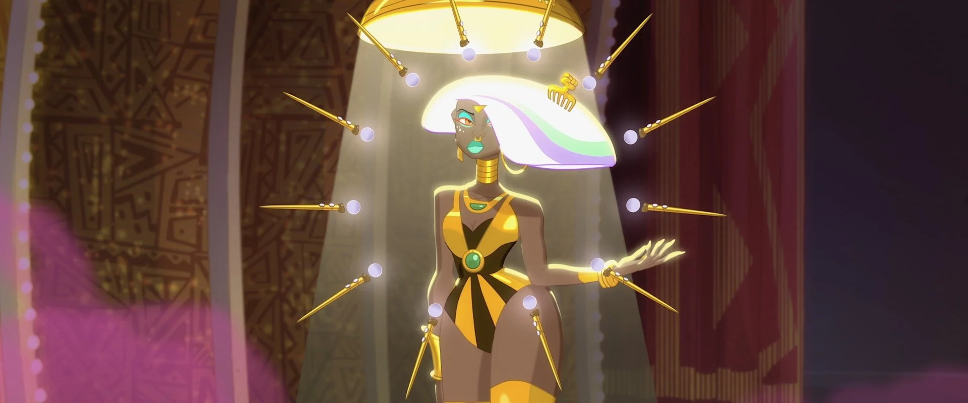 Animated depiction of a woman dressed in gold jewelry, with a large white hairpiece, standing under a spotlight with golden spikes and purple orbs surrounding her. She has dark skin, wears bold makeup, and is dressed in a yellow and black outfit.