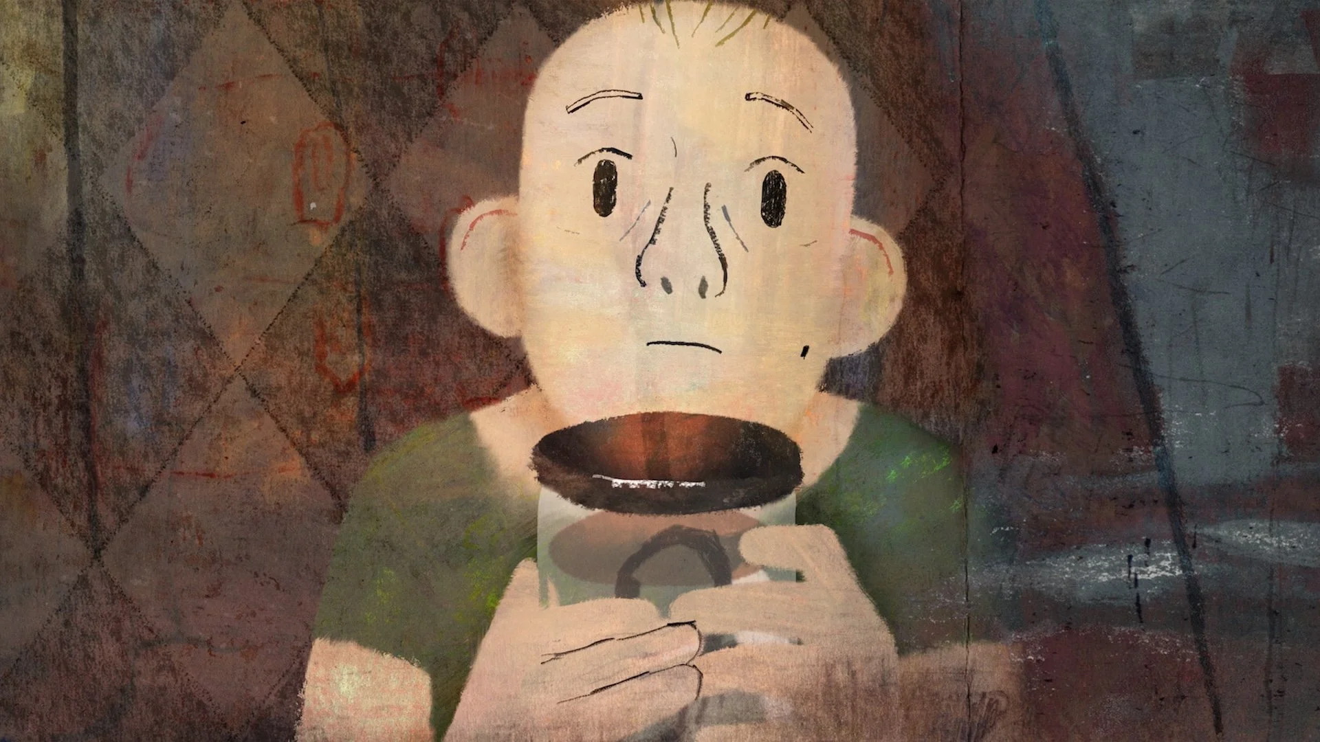 A painting of a young boy with a surprised or concerned expression, holding a cup with both hands, against a textured background with abstract shapes and colors.