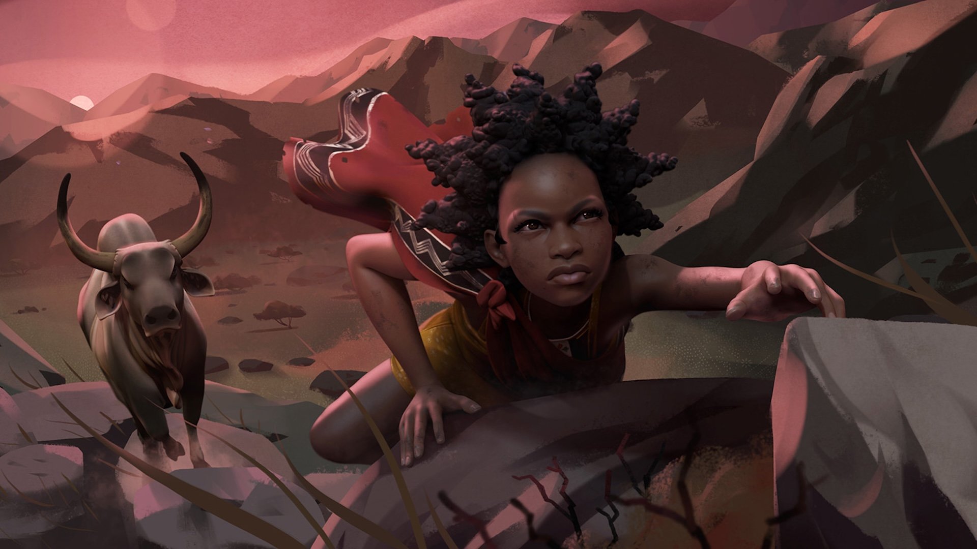 A digital illustration of a young girl with natural hair crawling on the ground, with a serious expression, alongside a cow, in a stylized mountainous landscape at sunset.