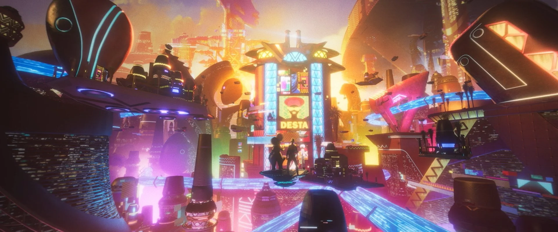 A futuristic cityscape at sunset with neon lights, tall skyscrapers, flying vehicles, and two people standing on a platform.