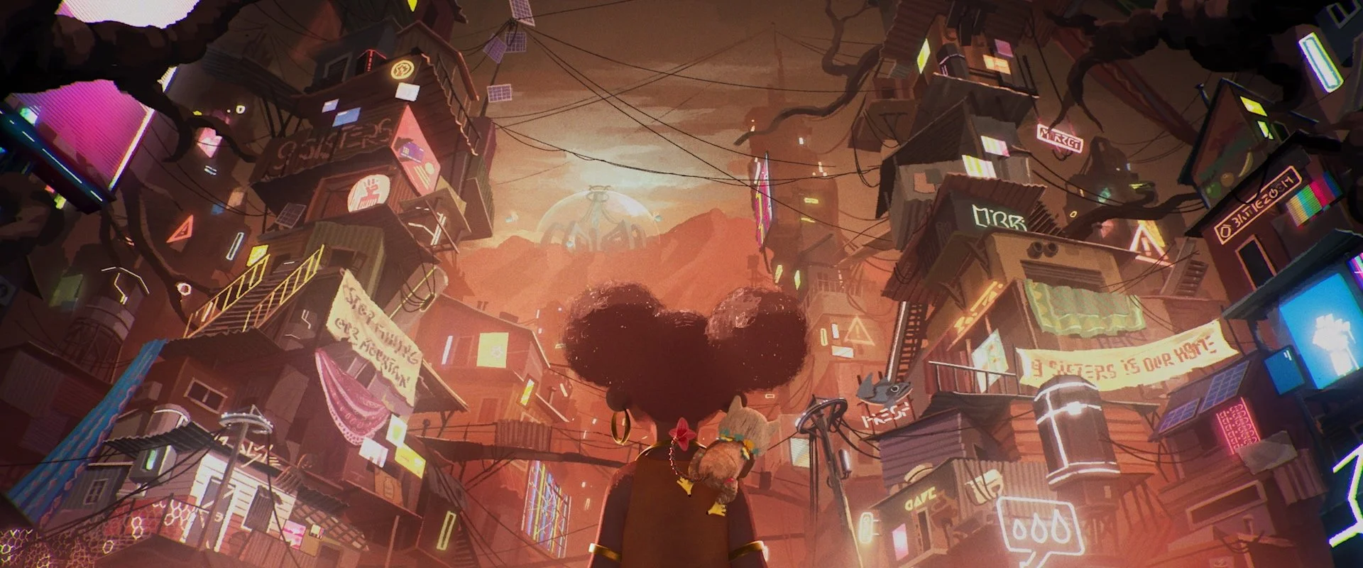 Futuristic cityscape with neon signs, hanging houses, and a glowing dome in the background, viewed from below with two characters and a small animal in the foreground.