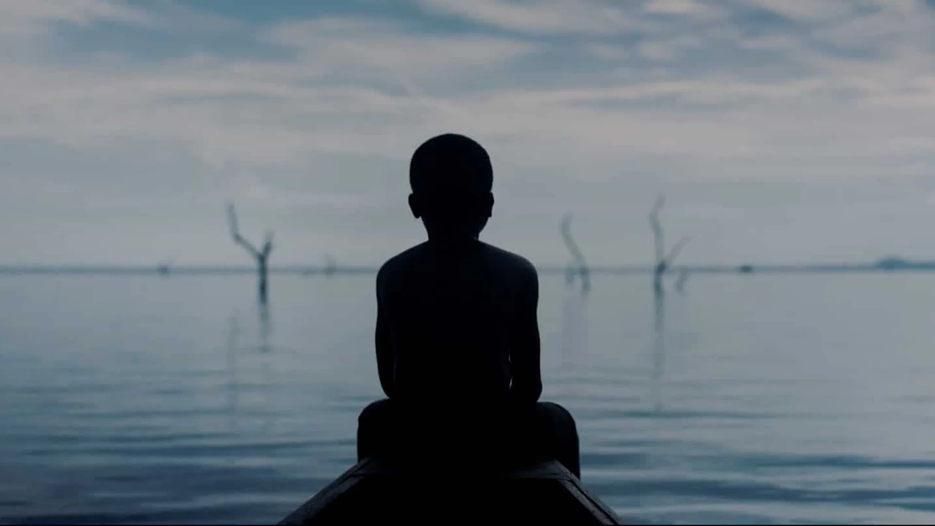 Silhouette of a young boy sitting on a boat at a calm lake, with leafless trees in the background and a cloudy sky.