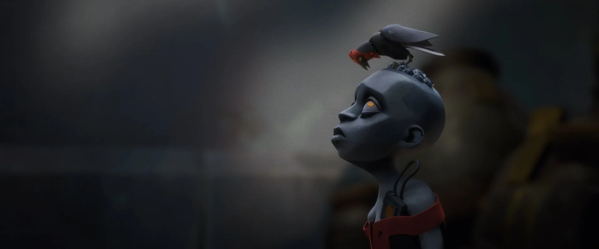 A humanoid robot with a dark head and body, and a red strap across its chest, looks upwards with a calm expression. A small bird is perched on its head, and a yellow mechanical object is in the background.