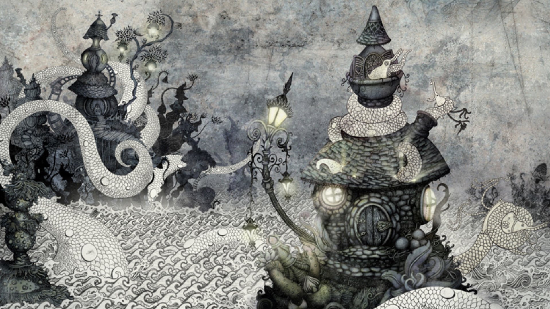 Fantasy art illustration of a whimsical, mushroom-shaped house with glowing windows, surrounded by a fanciful landscape with swirling water and an ornate streetlamp.