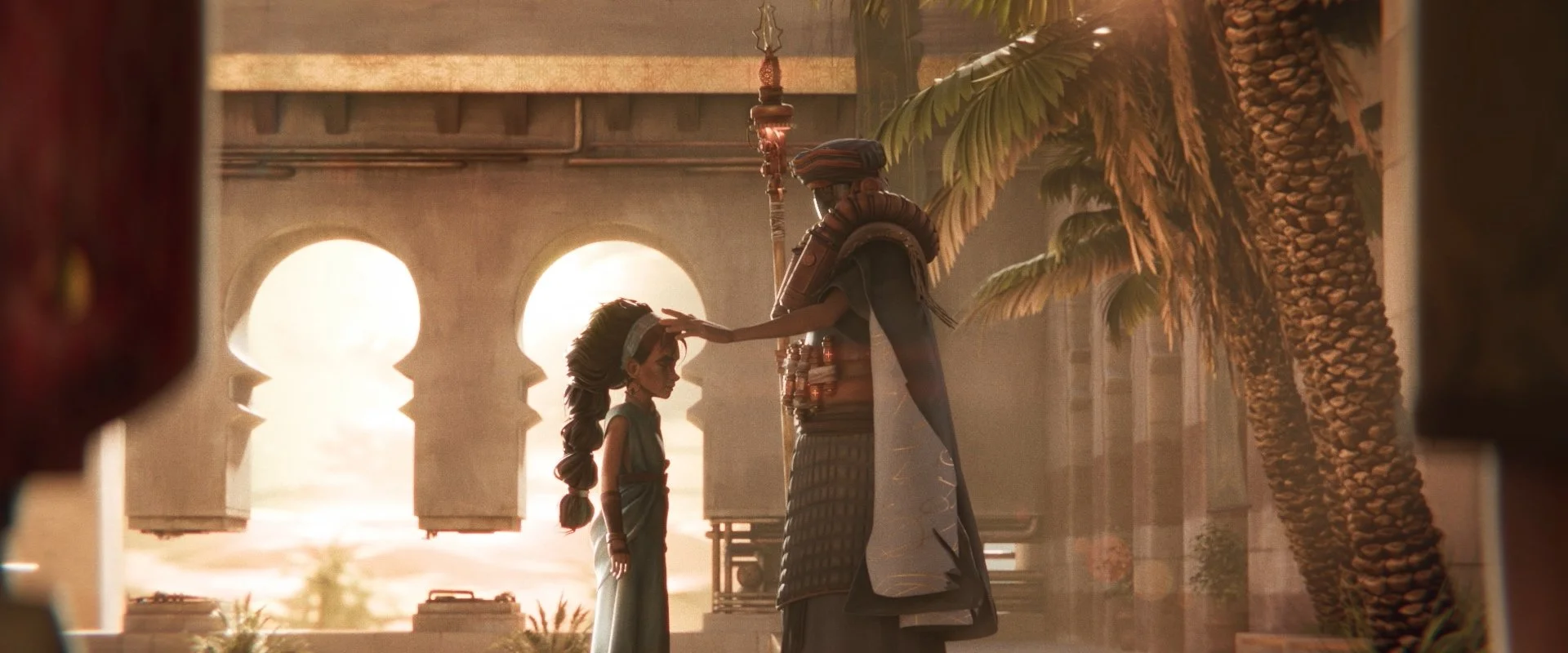 A woman placing her hand on the forehead of a young girl in a courtyard with palm trees and arches, backlit by a warm sunset
