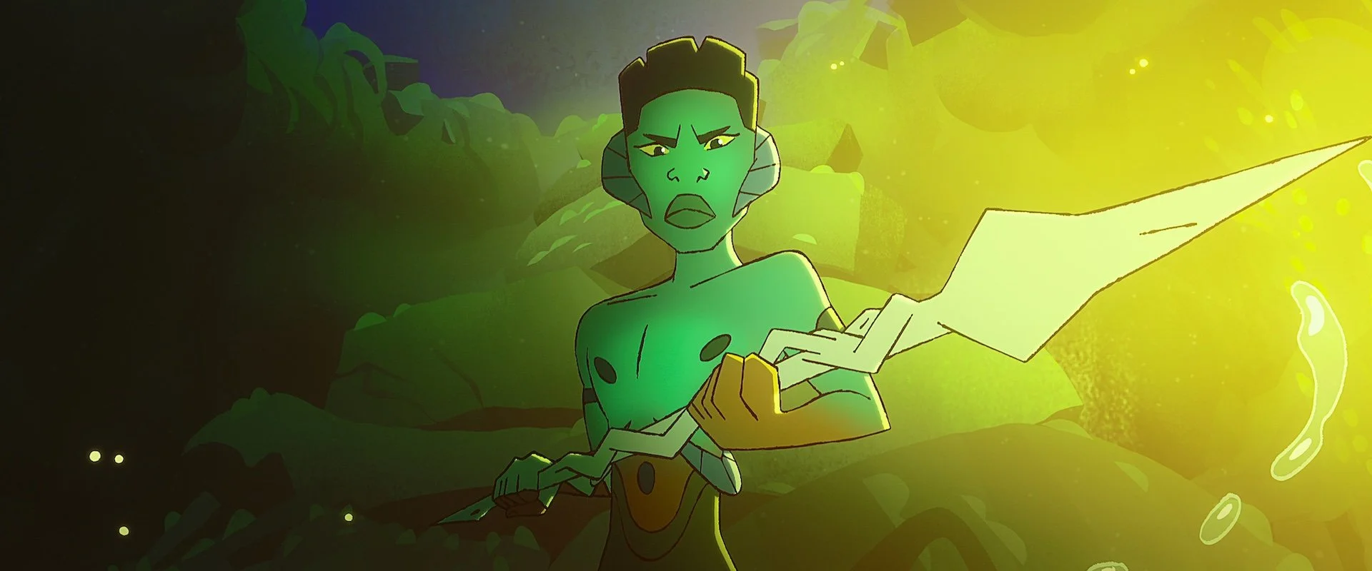 Animated green-skinned female character with black hair and yellow eyes, holding a glowing yellow sword in a lush, rocky environment illuminated by yellow and green light.