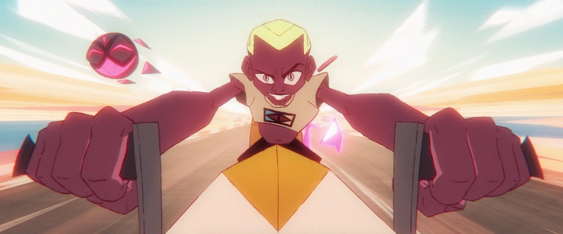 Animated character with spiky yellow hair, wearing a beige shirt with a black and blue logo, riding a hoverboard. The character has an intense expression, with clenched fists and glowing pink energy around them, against a sky background with streaks of light.