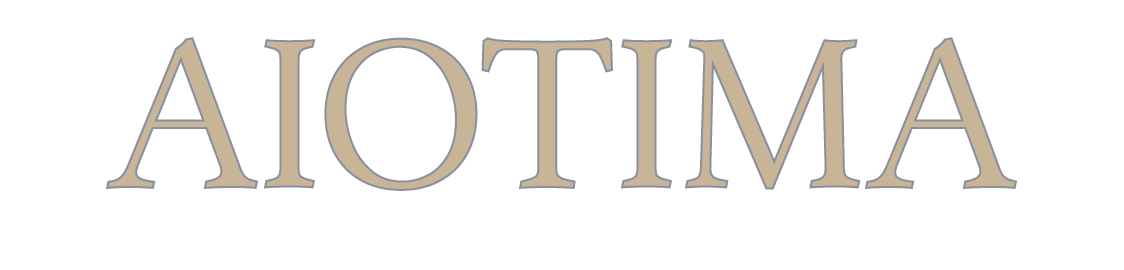 Aiotima all caps in Drummond type Tan with blue grey outline