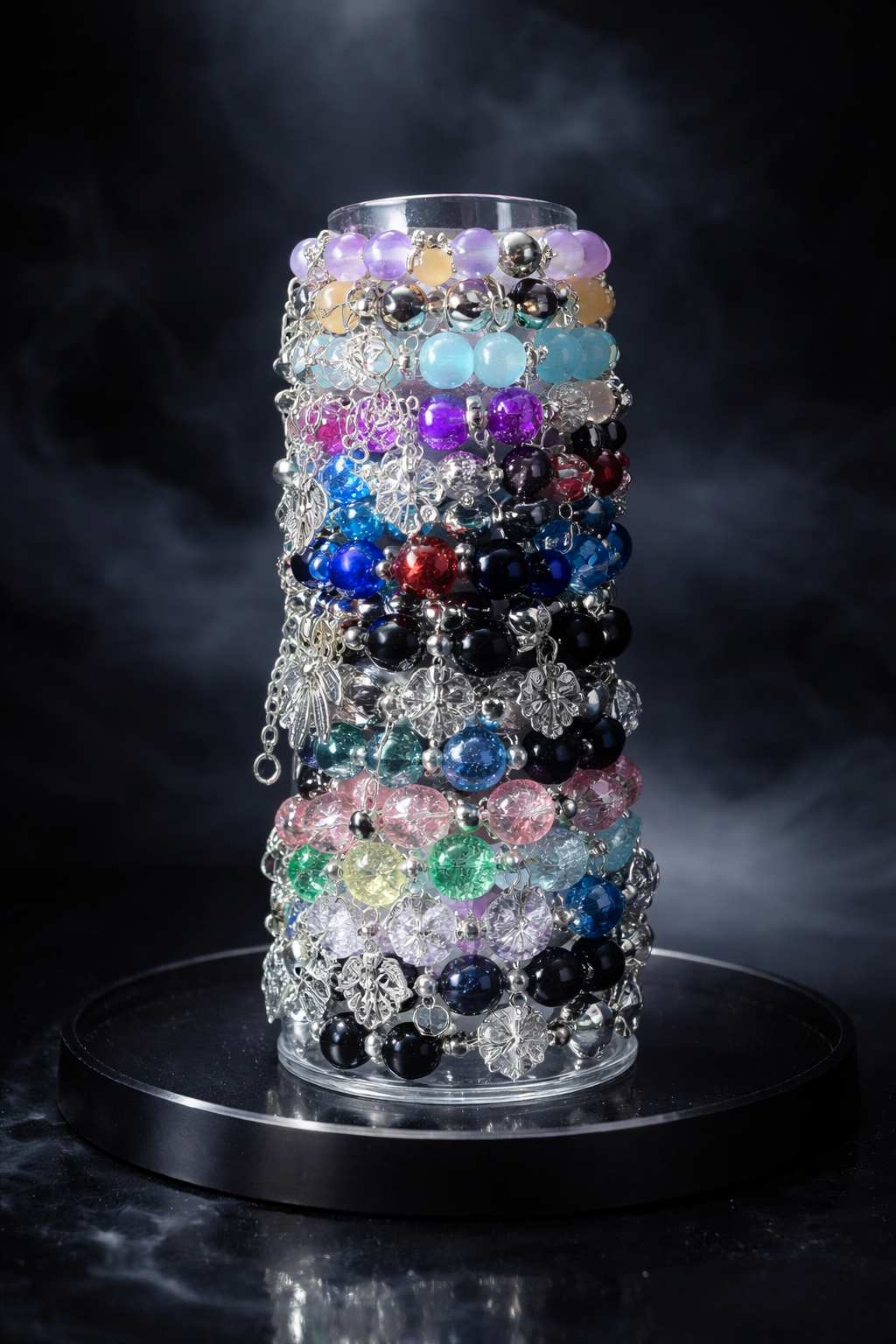 A cylindrical display stand filled with colorful beaded jewelry, including necklaces and bracelets with charms, arranged in layers against a dark background.