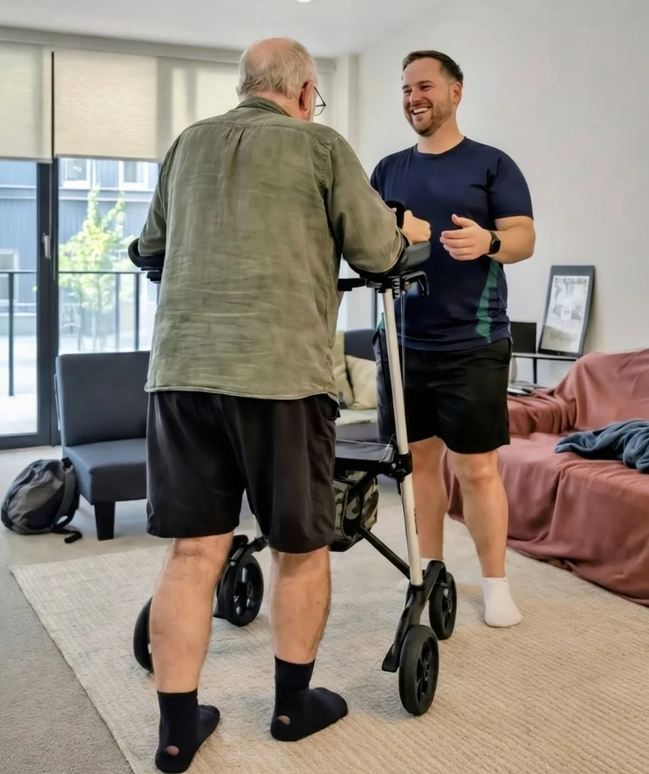 A physiotherapist coordinating a home-based equipment trial for a walking frame in Canberra.