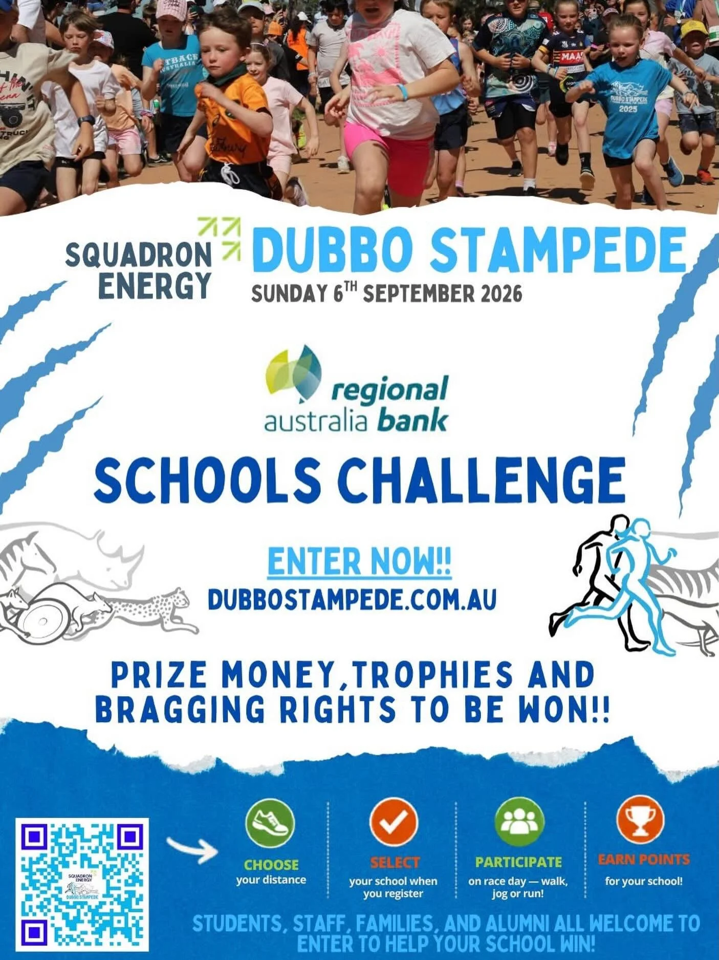 🏅📚WIN FOR YOUR SCHOOL!📚🏅

Get your school in the running at Dubbo Stampede 2026 with the Regional Australia Bank Schools Challenge! 🏃&zwj;♀️🏃

When registering, select your school to earn points and give them the chance to win! The schools with