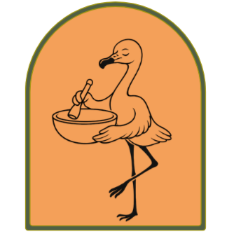 A cartoon duck holding a bowl and spoon, standing on one leg.