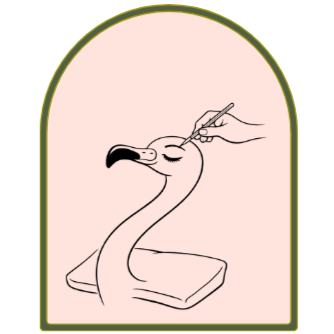 Drawing of a flamingo's head on a stand with a hand holding a pen, as if being sketched.