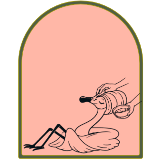 A cartoon swan with a crown on its head, sitting on its nest, with a hand holding a makeup brush and applying makeup to the swan's face.