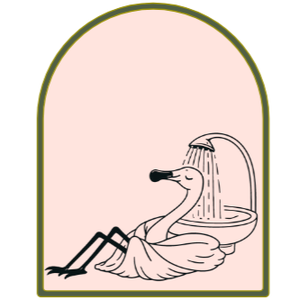 A cartoon swan with a human body taking a shower in front of a sink.